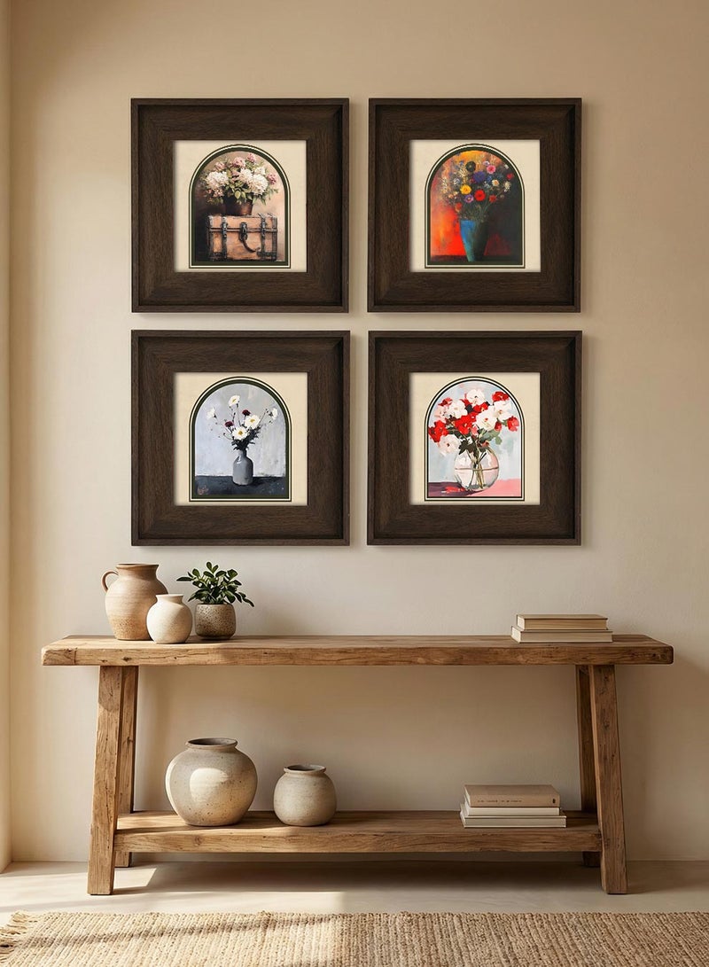 LOWHA Set of 4 Canvas Wall Art Stretched Over Wooden Frame with Vintage Brown Floating Frame and Floral Vessels Design - Image 4